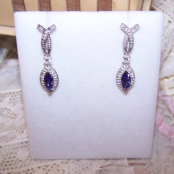 Sterling Silver Cubic Zirconia Dangle Earrings - Posts with Nuts - Picture 5 of 8